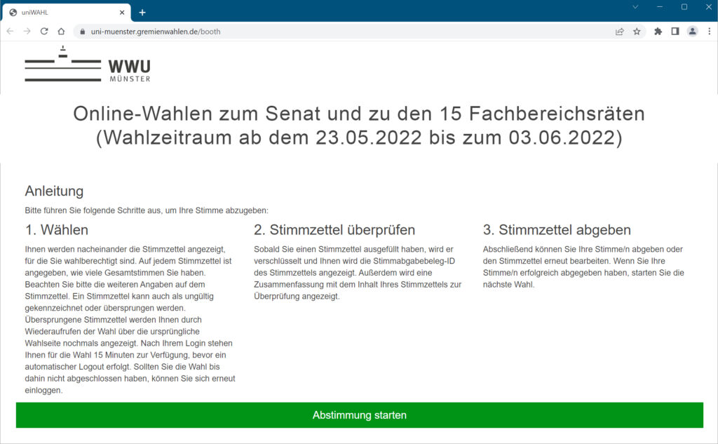 Stimmzettel der Universität Münster für die Online-Wahl