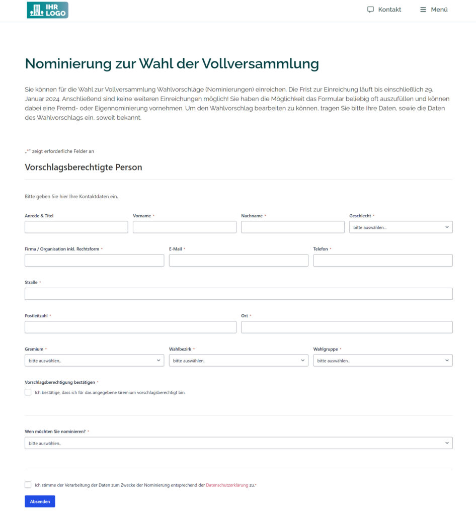 Nominierungsformular im Nominierungsportal des Wahlportals