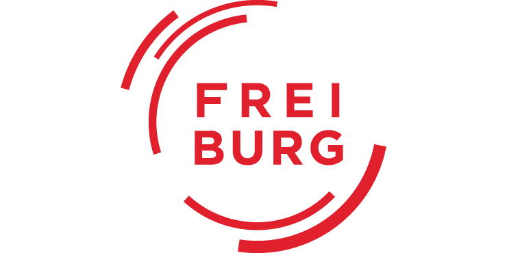 Logo der Stadt Freiburg in roter Schrift mit kreisförmigen Linien.