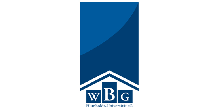 Logo der Wohnungsbaugenossenschaft „Humboldt-Universität“ eG mit stilisiertem Hausdach in Blautönen und den Buchstaben WBG.