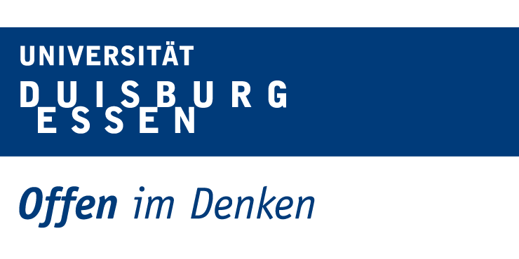 Offizielles Logo der Universität Duisburg-Essen mit dem Slogan Offen im Denken auf blauem Hintergrund.